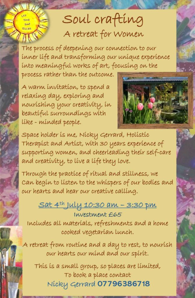 Soul crafting workshop. A retreat for women art workshop for women in Formby, soul crafting, a retreat for women Saturday 4th July 10.30am to 3.30pm,