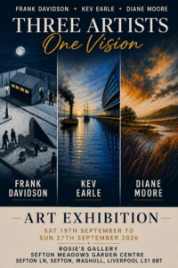 Art exhibition, Sefton Garden Centre, Maghull. 19th September to 27th exhibition poster, Sefton art group, at Sefton meadows garden centre, Maghull, original art for sale, by local artists, gifts to buy, special occasion,