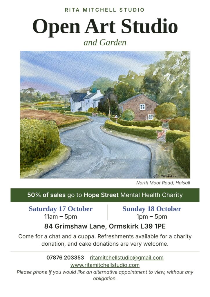 Art exhibition, Rose's café, Sefton Meadows Garden Centre, Maghull. 19th September to 27th Open art studio with Rita Michell